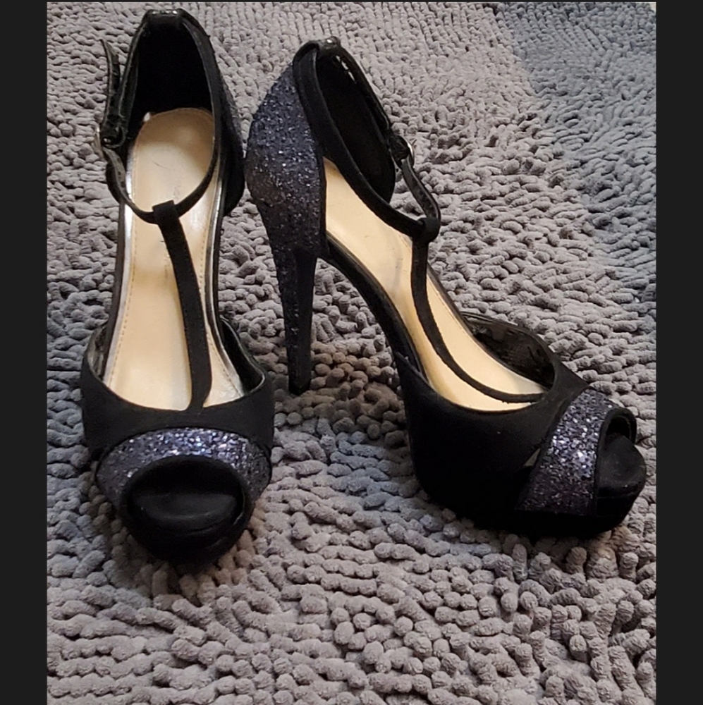 Dark Blue T-Strap Ankle Platfrom Heels Open Toes
